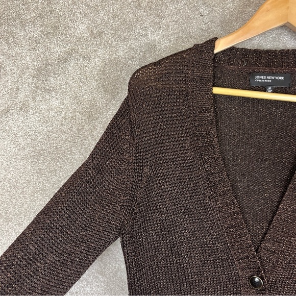 Jones New York Cardigan Womens Medium Brown Metallic Button Front Pockets- 9763* - Picture 7 of 11